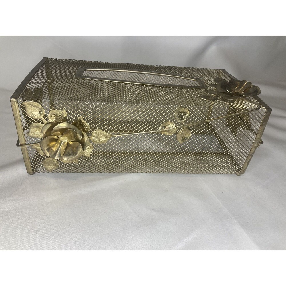 VTG Gold Brass Toned Tissue Box Holder Filigree Ornate Flowers Roses MCM Regency